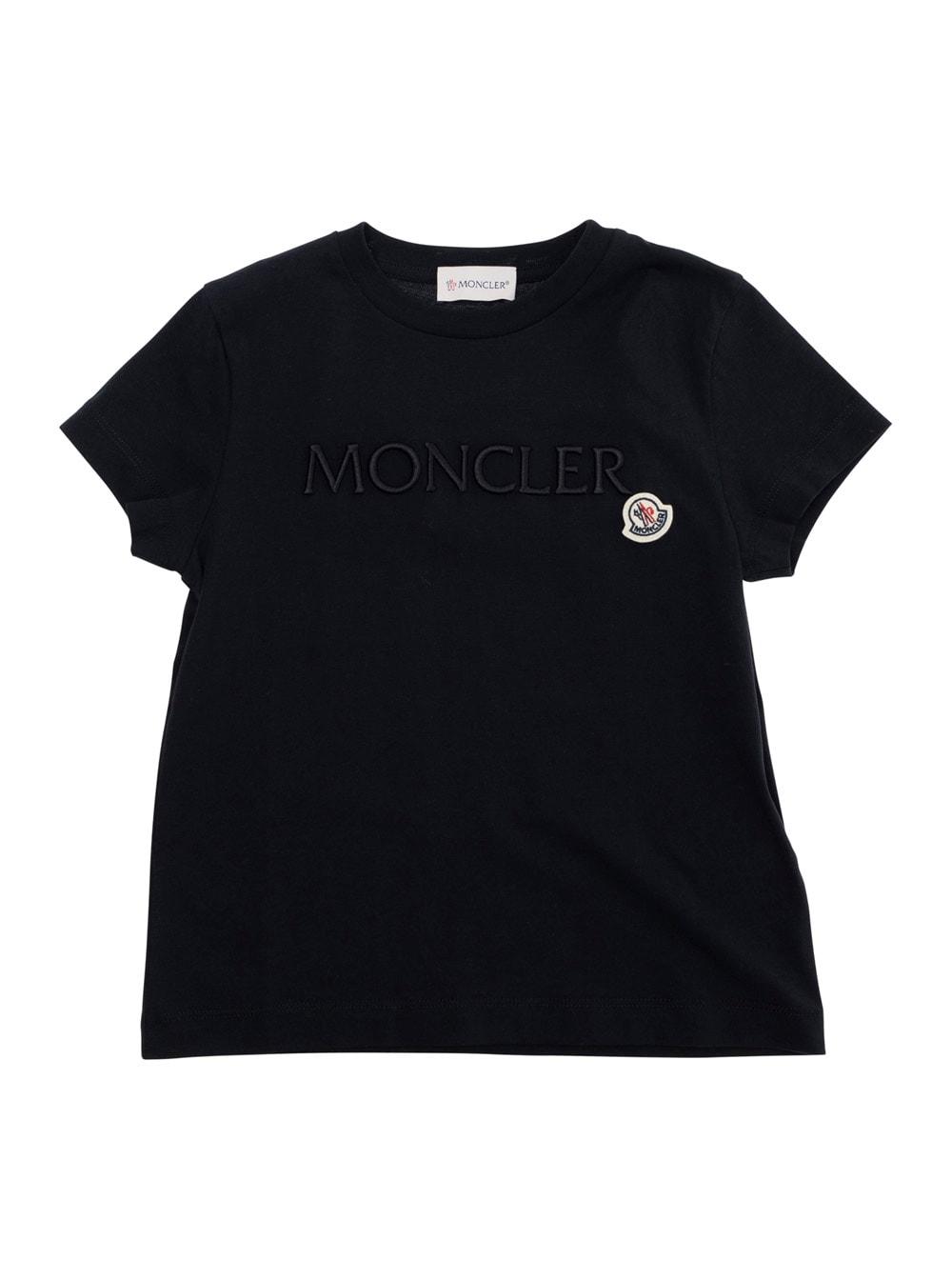 moncler black crewneck t-shirt with logo lettering embroidery on the front and logo patch on the front in cotton girl