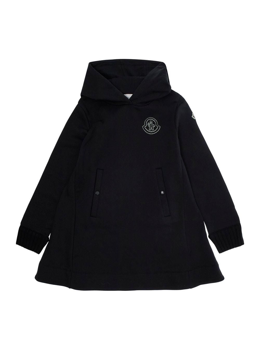 moncler black dress with patch logo on the sleeve in cotton girl