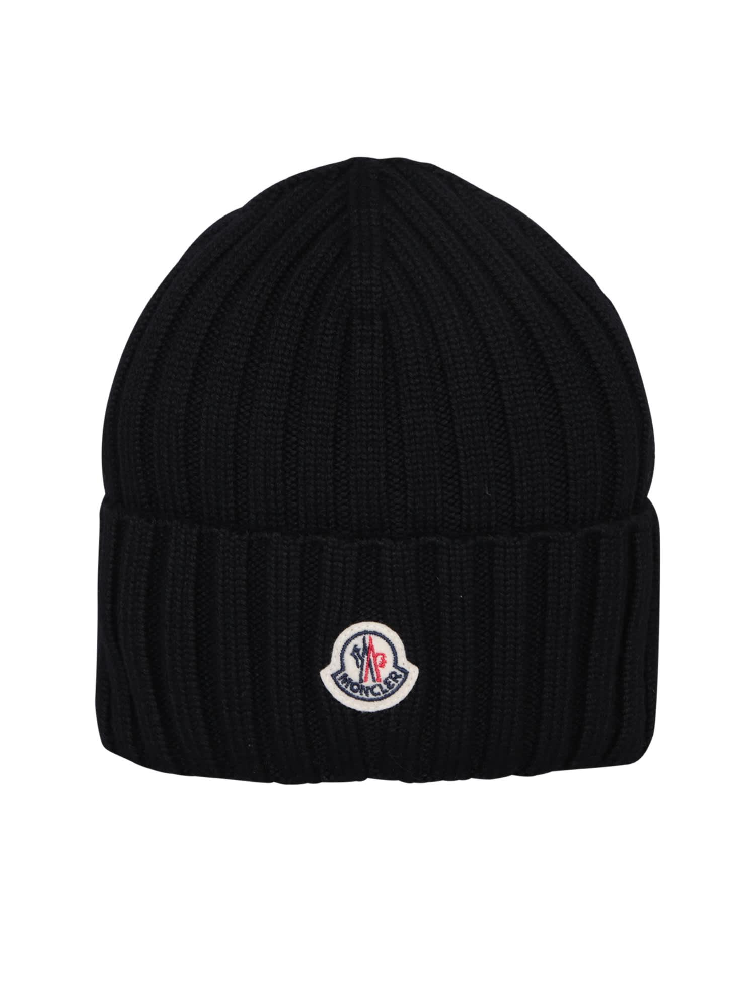 moncler black wool beanie with logo patch