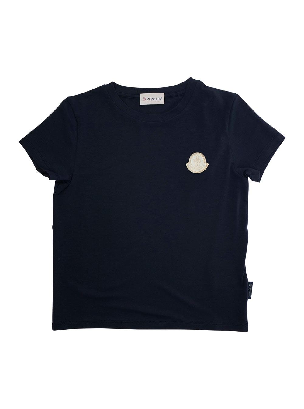 moncler blue t-shirt with patch logo applied on the front in viscose girl