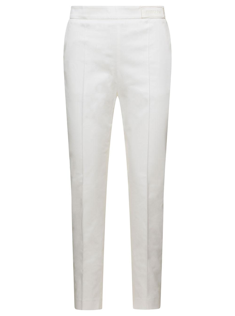 moncler white straight pants with tonal logo patch in stretch cotton woman