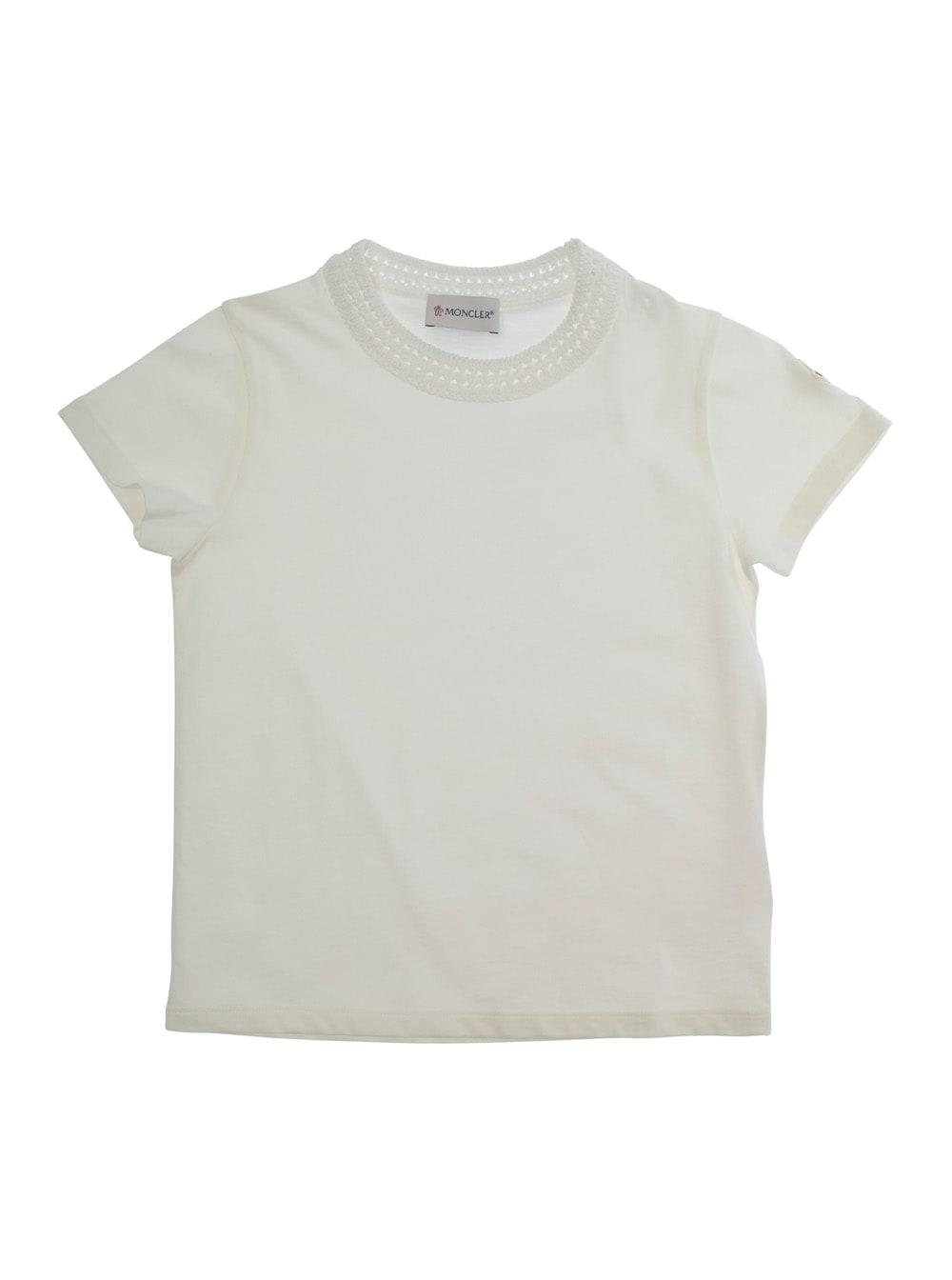moncler white t-shirt with round neck and logo patch on the sleeve in cotton girl