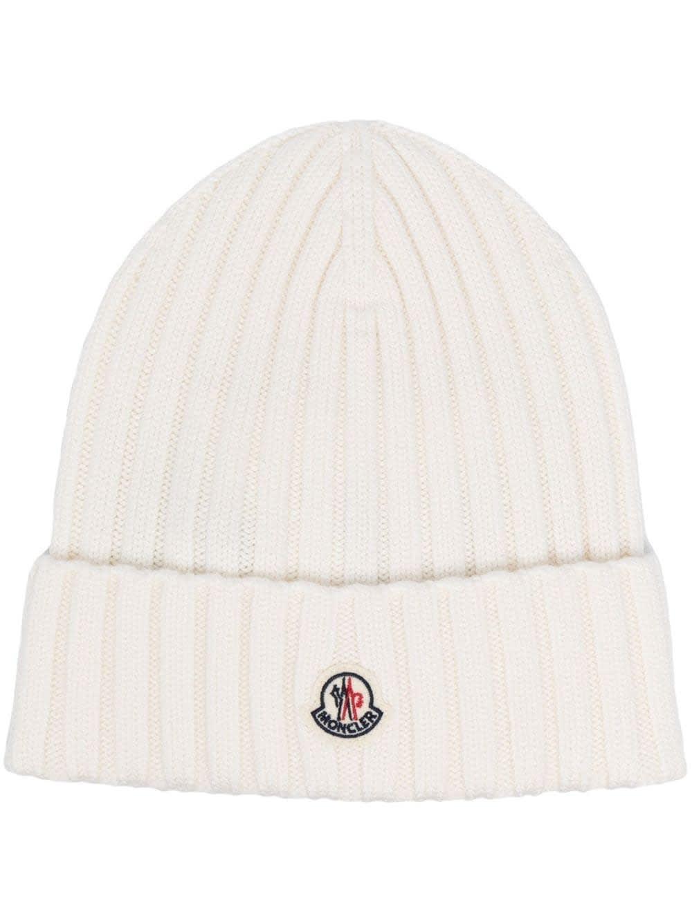 moncler white wool beanie with logo patch