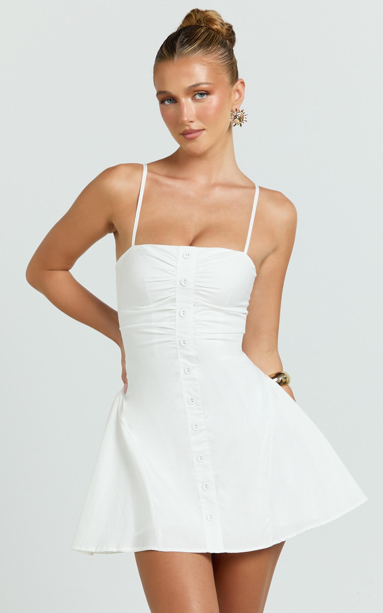 monet mini dress - button down ruched front fit and flare dress in off white