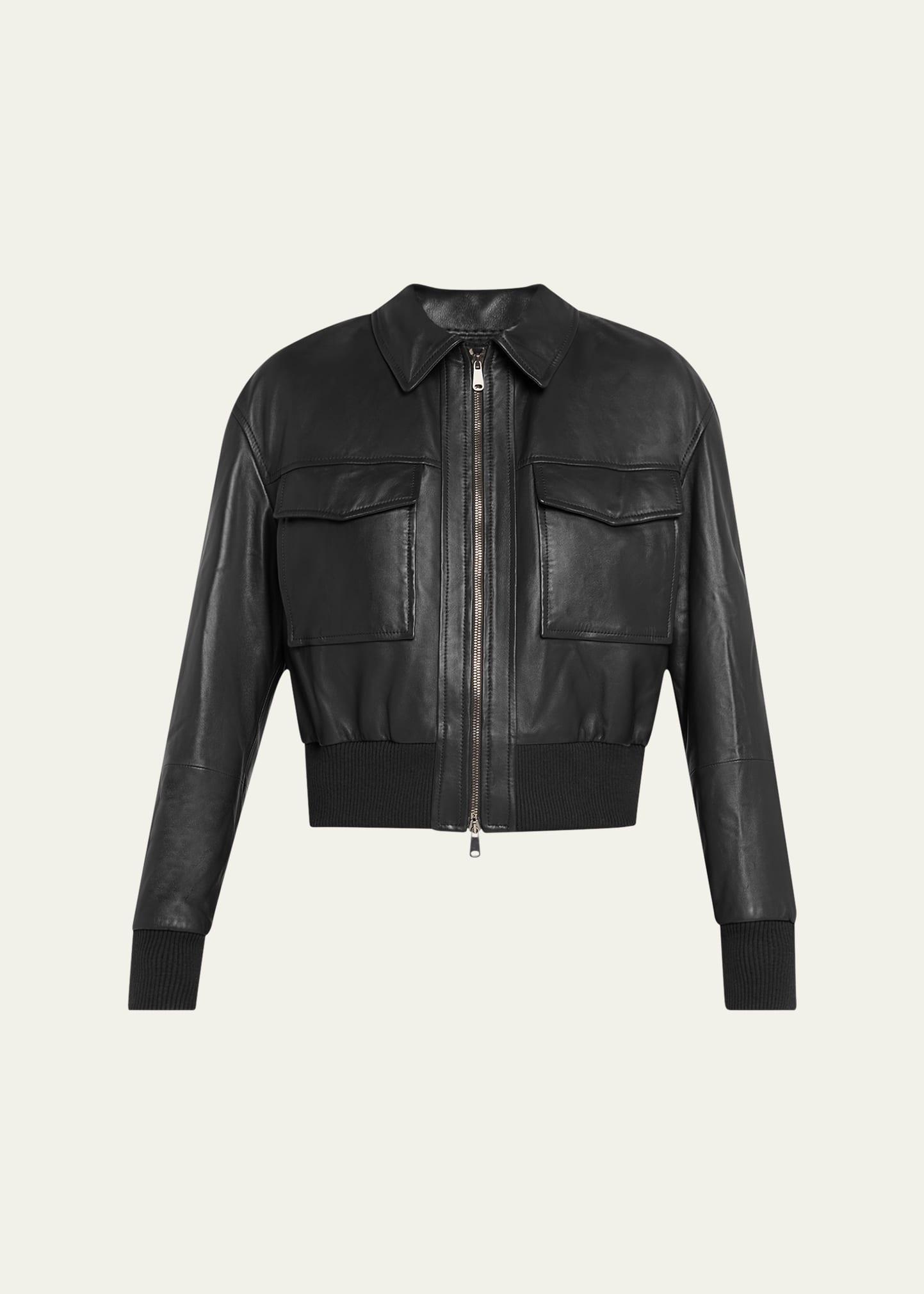 monili-neck smooth glove leather bomber jacket