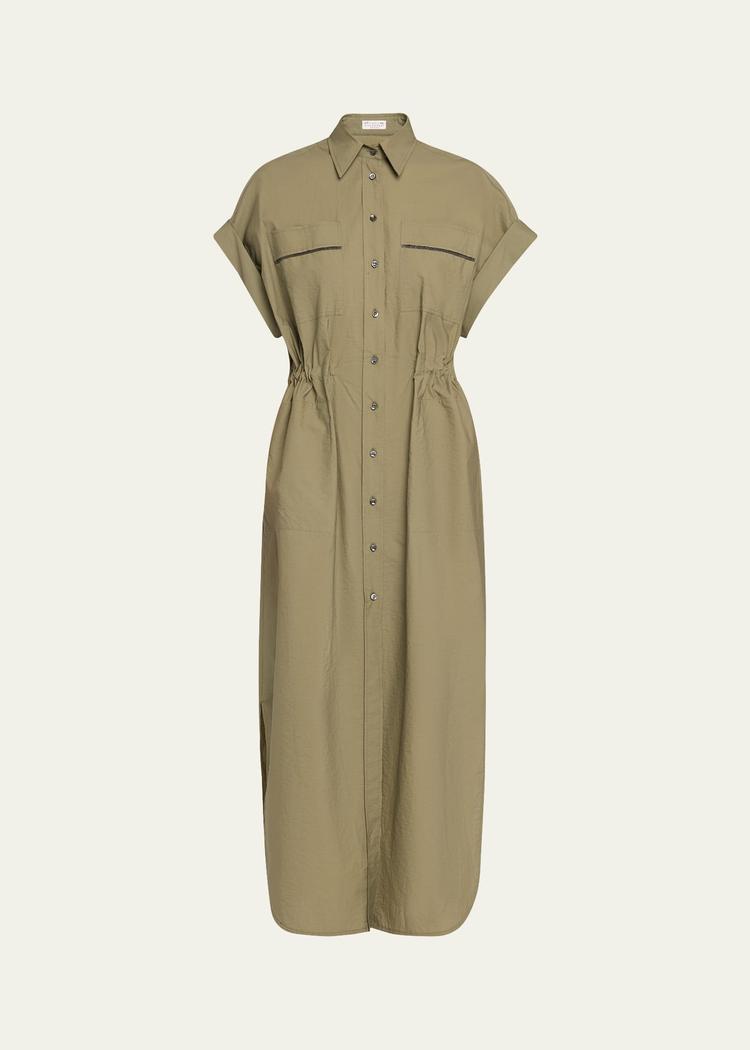 monili-trim short-sleeve techno cotton poplin midi shirtdress