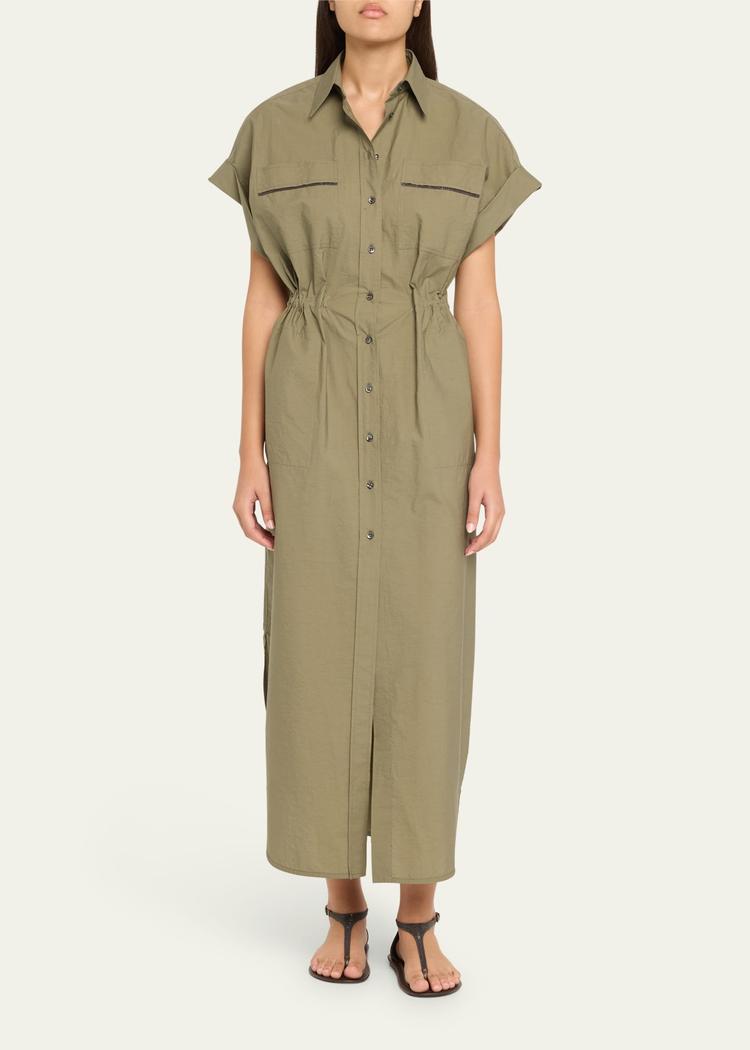 monili-trim short-sleeve techno cotton poplin midi shirtdress