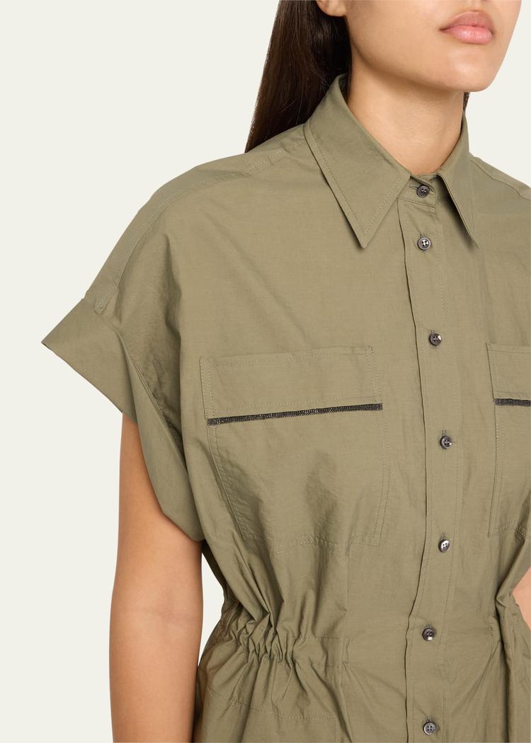 monili-trim short-sleeve techno cotton poplin midi shirtdress