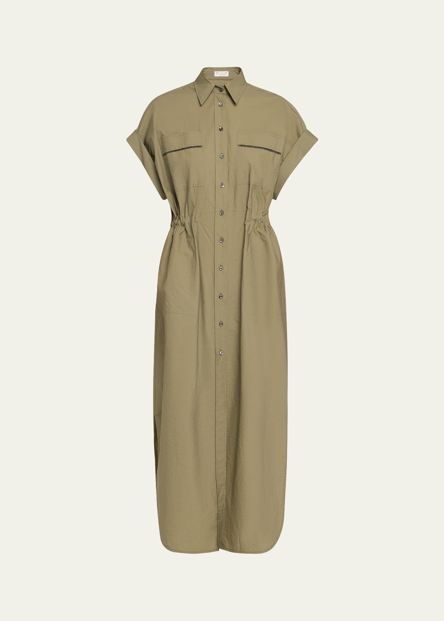 monili-trim short-sleeve techno cotton poplin midi shirtdress