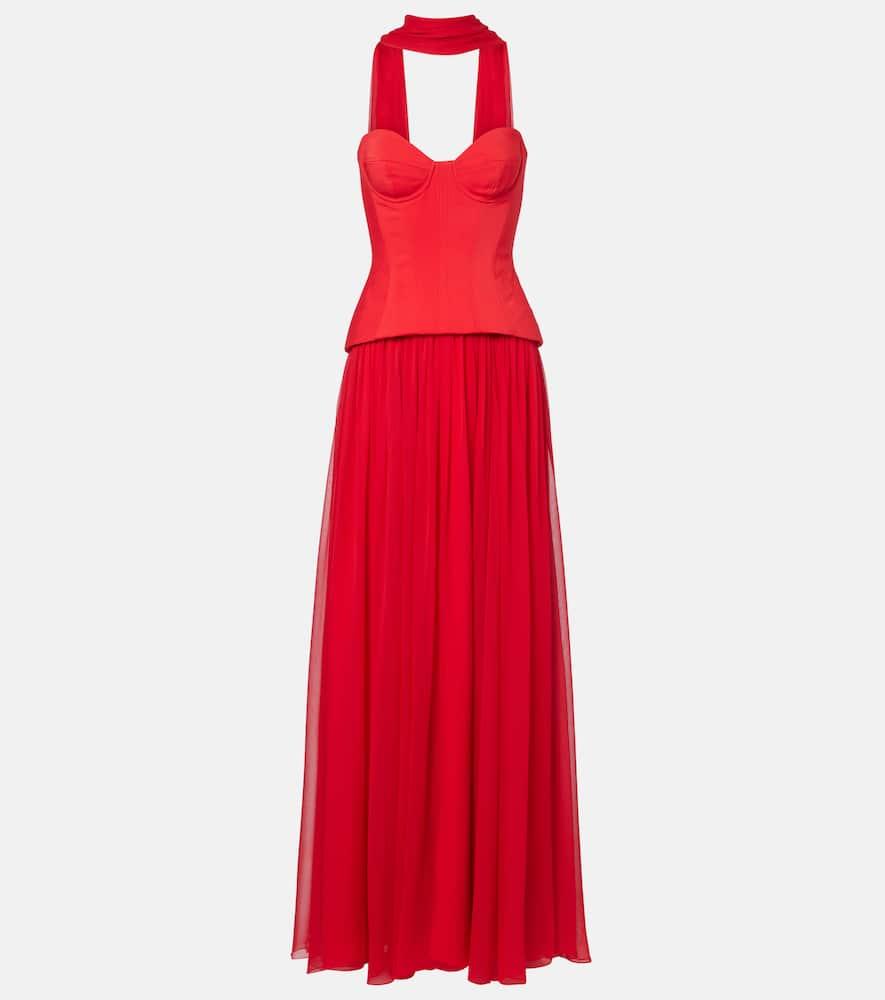 monique lhuillier vermilion crêpe and chiffon corset gown
