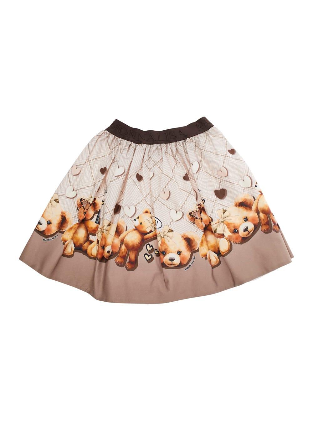 monnalisa beige skirt with elastic waist with logo lettering and all-over print in cotton stretch girl