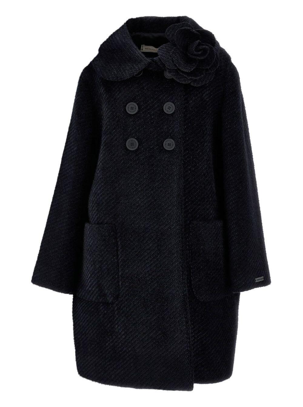 monnalisa black coat with floral decorated in fabric girls