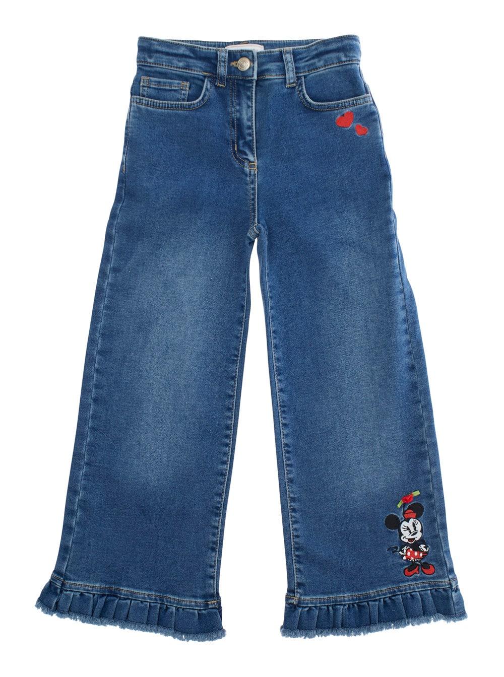 monnalisa blue jeans with ruched hem and logo lettering embroidery on the rear in denim girl