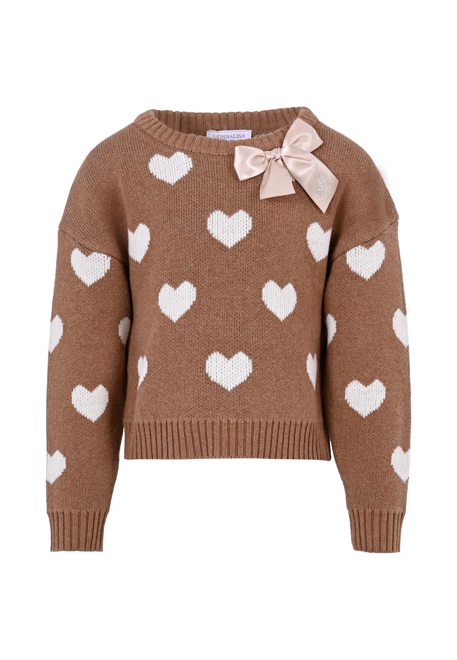 monnalisa brown sweater for girl with hearts
