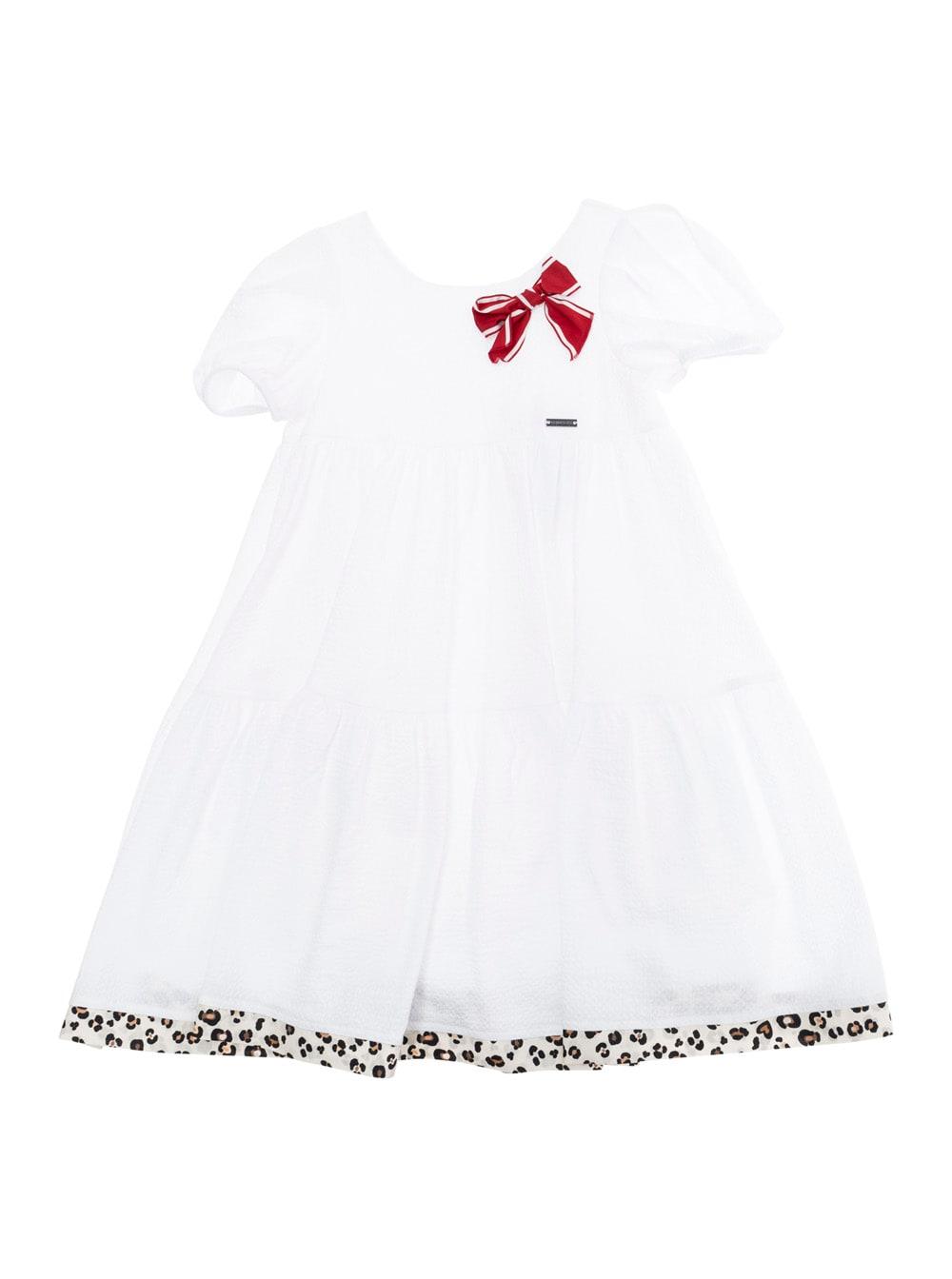 monnalisa capri white flared dress with maxi bow on the front and leopard hem in cotton girl