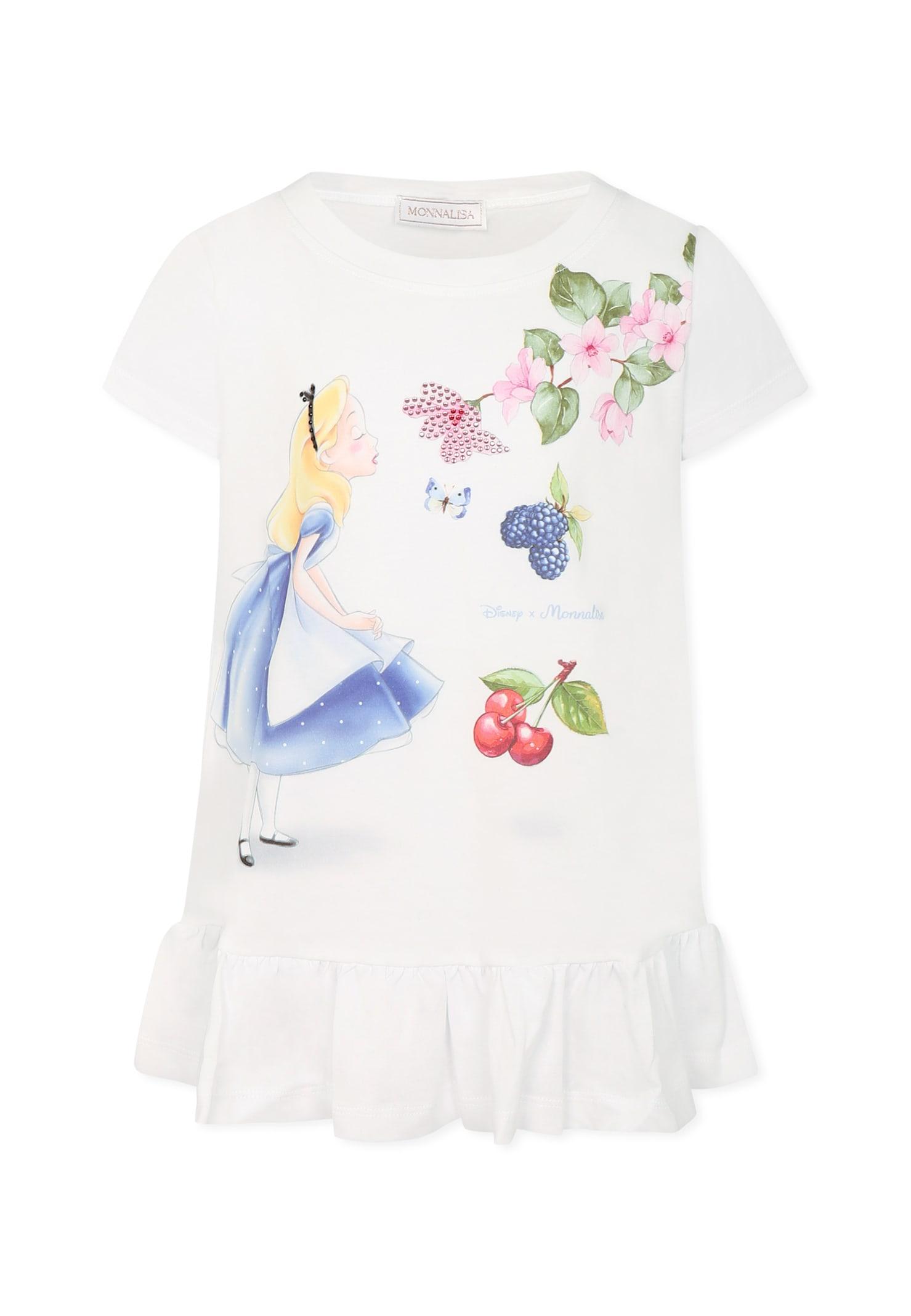 monnalisa maxi white t-shirt for girl with alice in wonderland