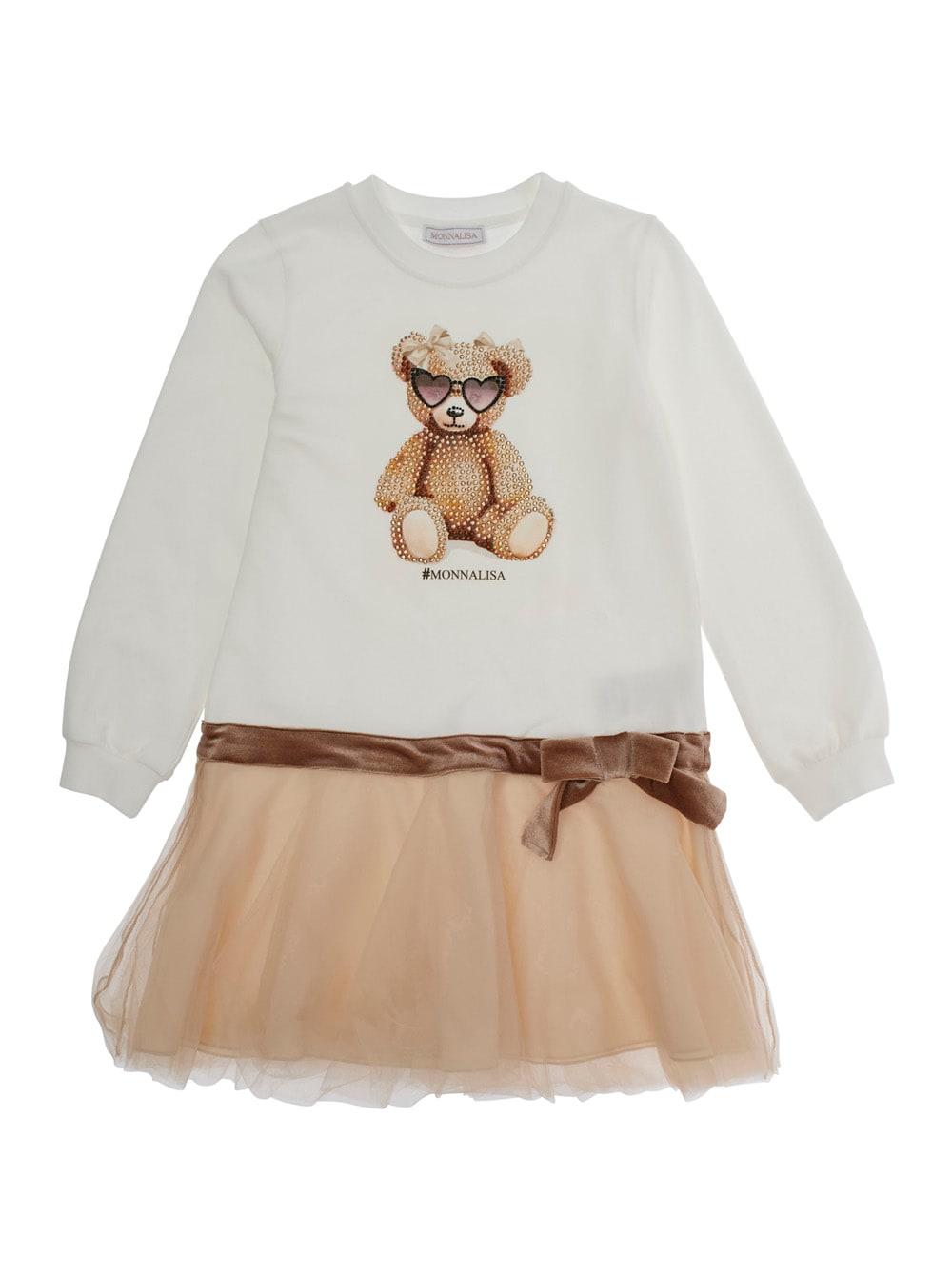 monnalisa multicolor crewneck dress with crystal embellishments on the front and bow detail on the front in cotton stretch girl