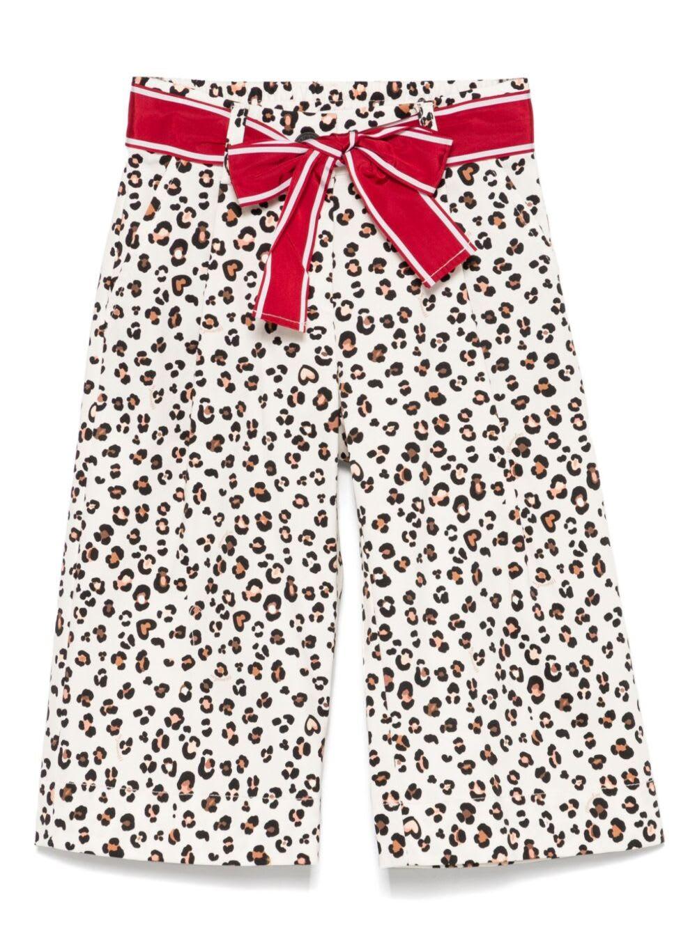 monnalisa multicolor pants with leopard print and front bow detail in cotton girl
