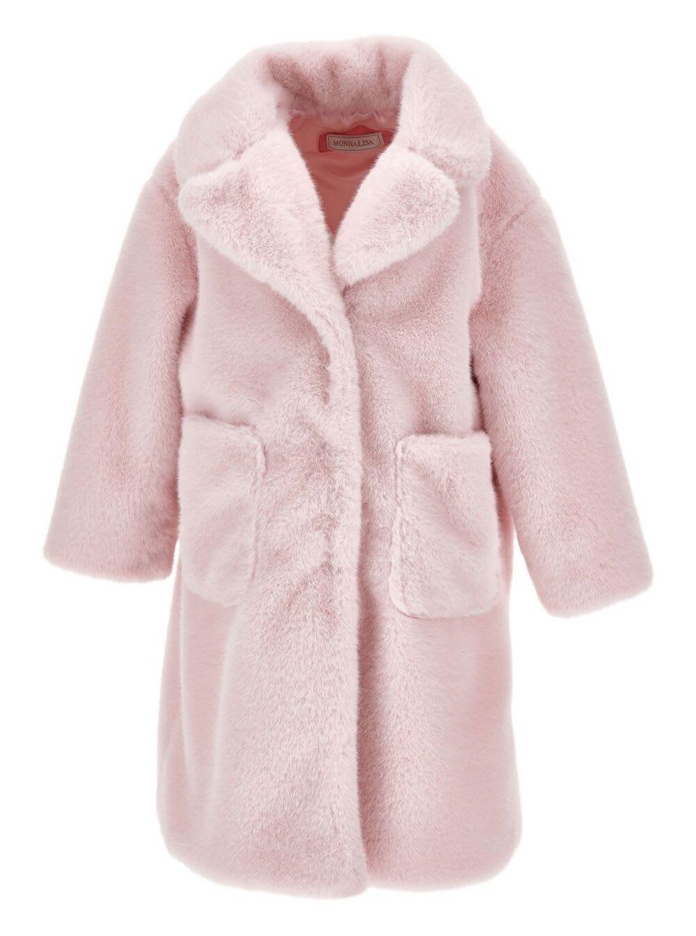 monnalisa pink coat with classic lapels in faux fur girl