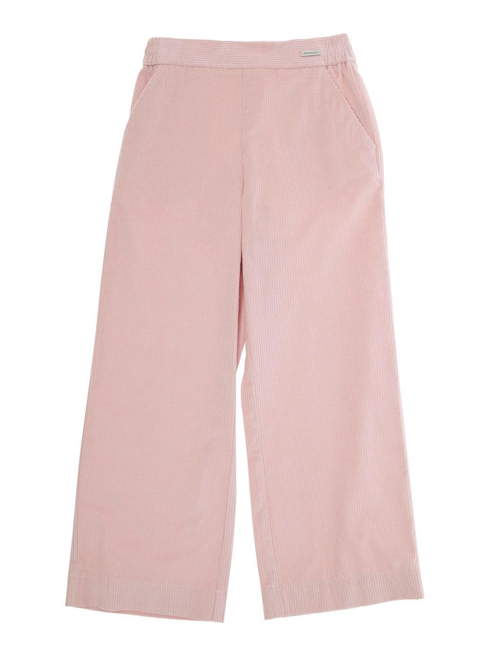 monnalisa pink pants with rear elastic waist and logo patch on the front in corduroy girl
