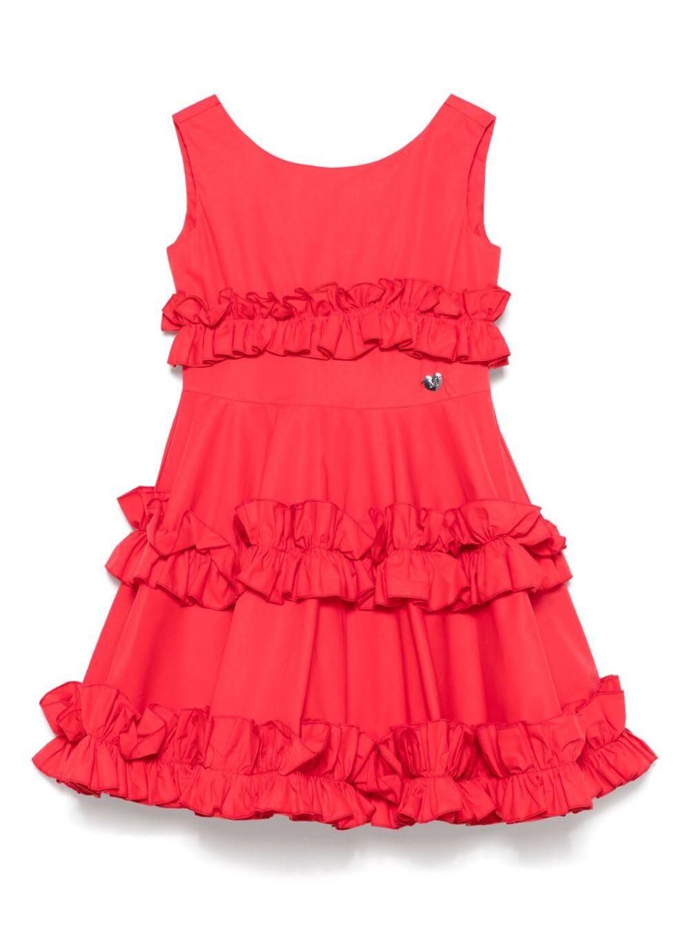 monnalisa red sleeveless dress with round neck and ruches in cotton girl