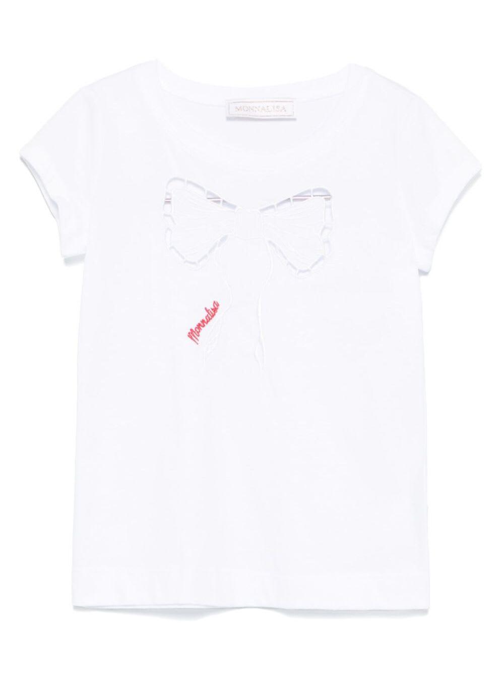 monnalisa white crewneck t-shirt with bow embroidery on the front and logo lettering in cotton girl