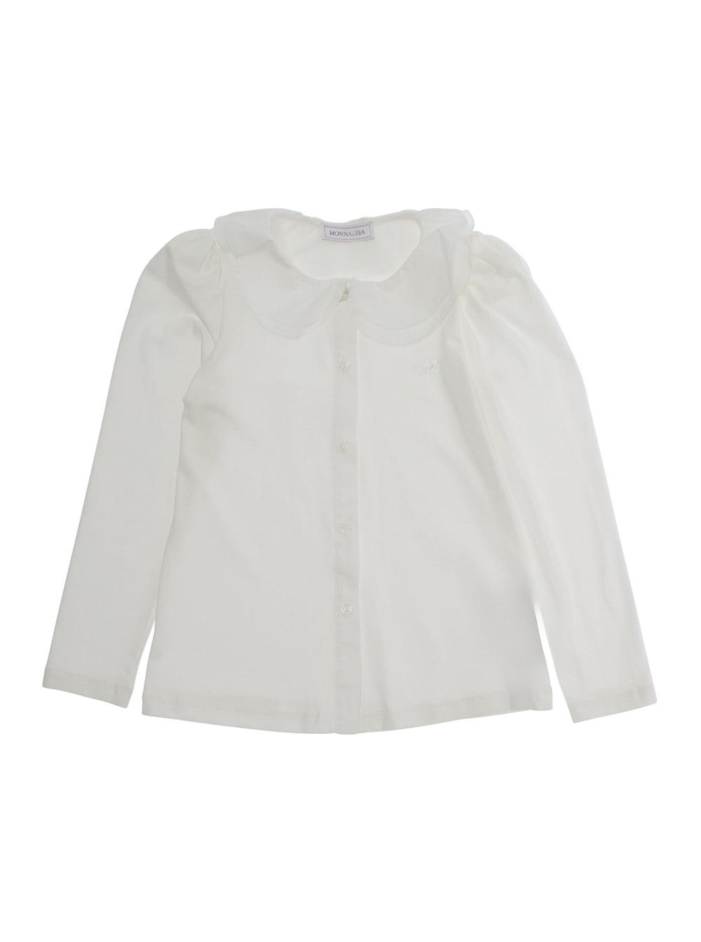 monnalisa white shirt with ruched collar and logo embroidery on the front in cotton stretch girl