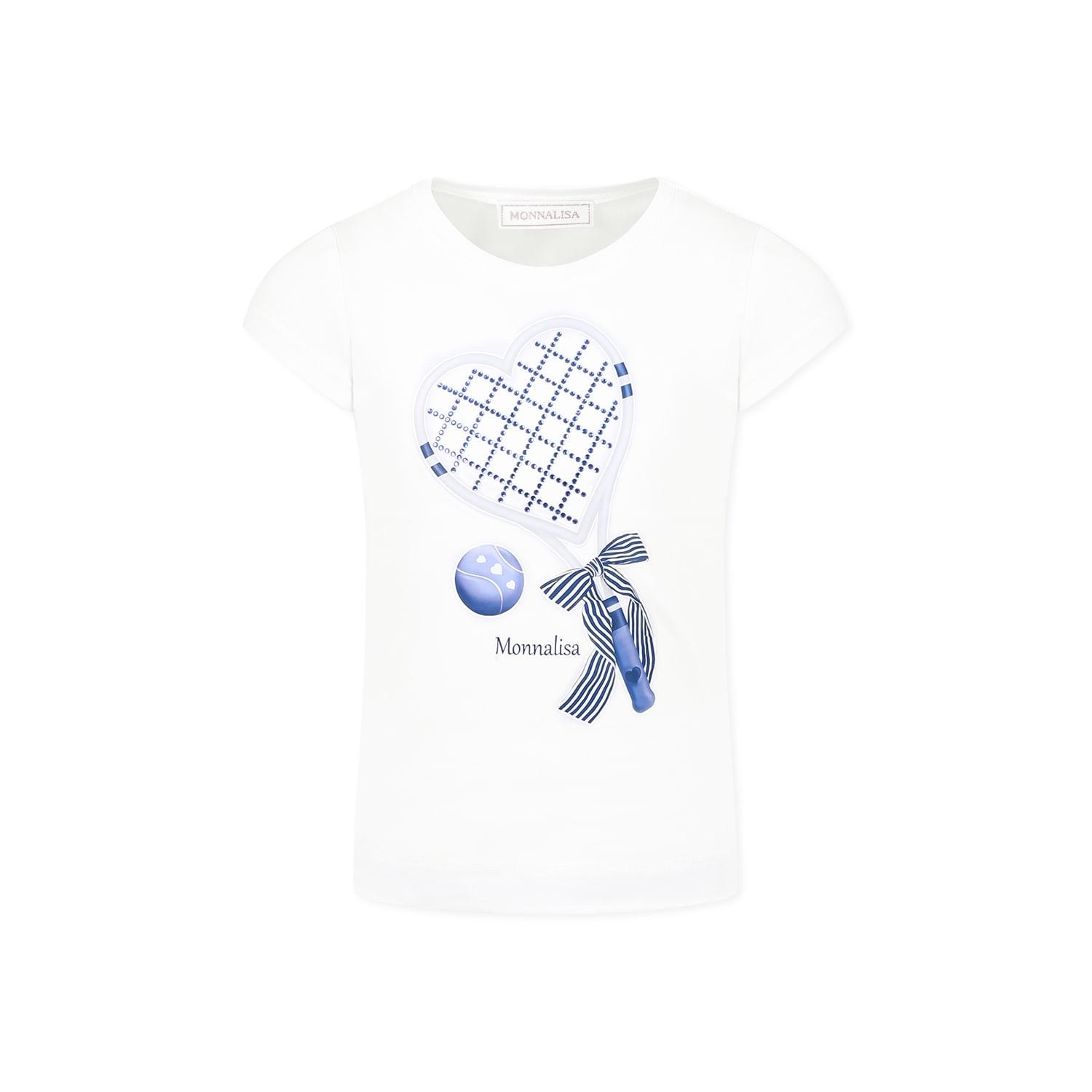 monnalisa white t-shirt for girl with racket