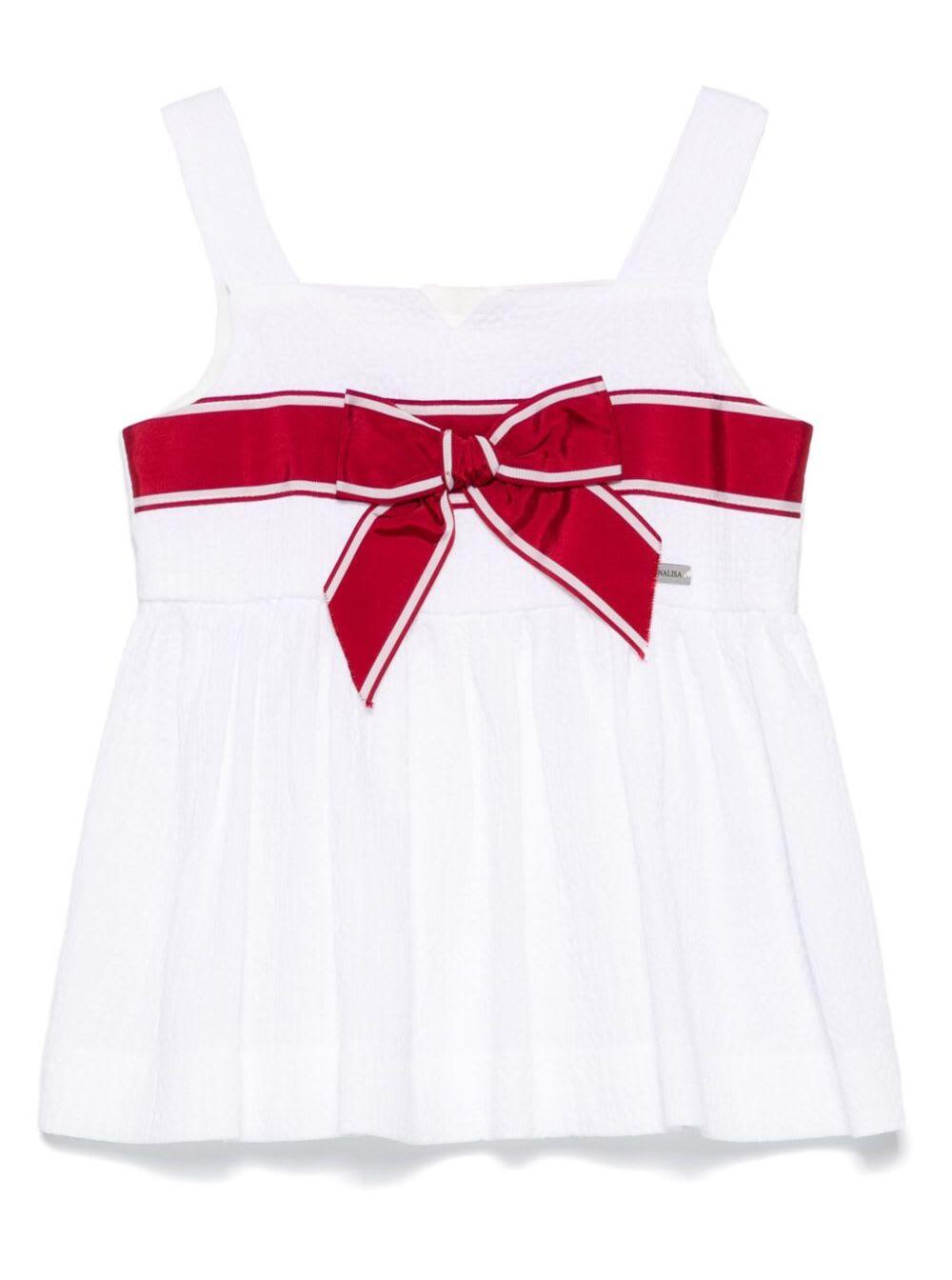 monnalisa white top with square neckline and front bow in cotton girl