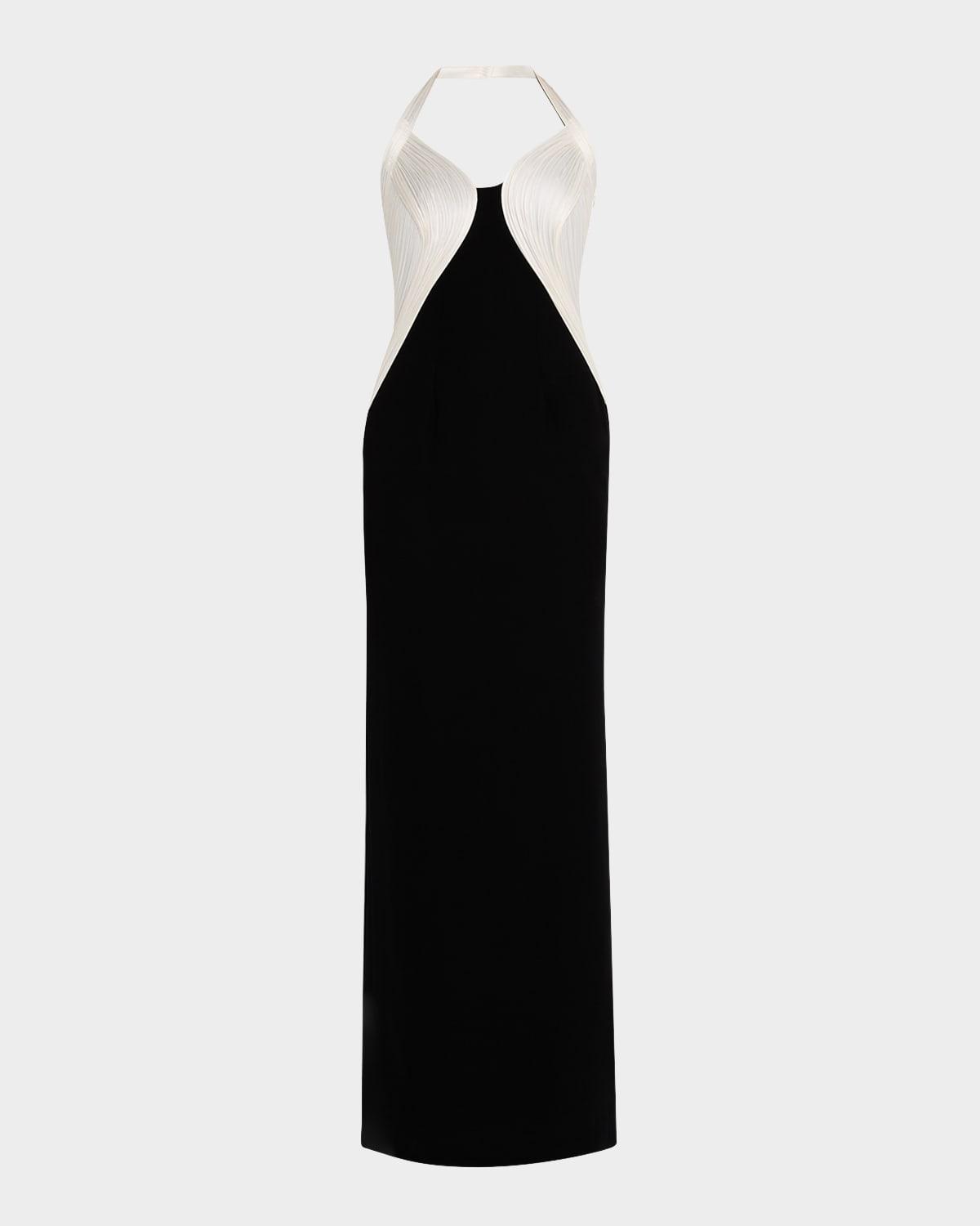 monochromatic armor sculpted halter gown