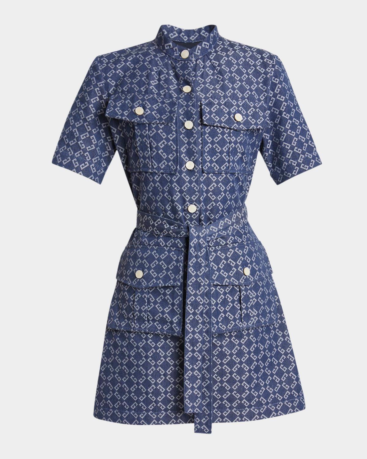 monogram denim belted mini shirtdress
