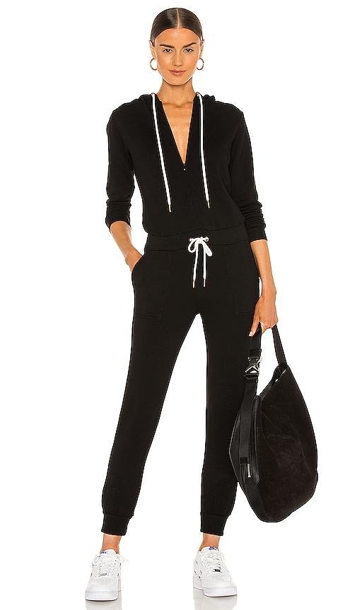 monrow supersoft fleece hooded jumpsuit in black.