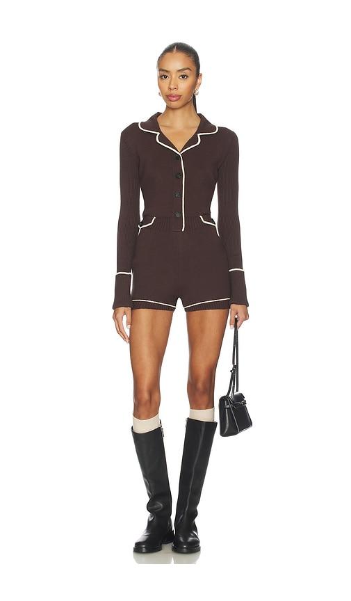 monse knitted pajama romper in brown.