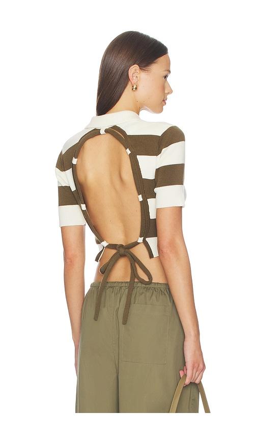 monse rope-laced half placket knit top in ivory,brown.