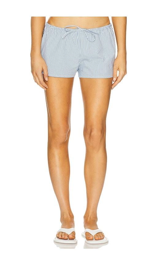 montce low-rise drawstring short in blue.