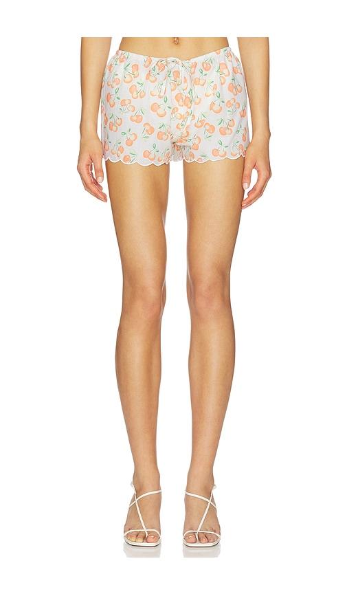 montce x elsa hosk scalloped low-rise drawstring short in cream.