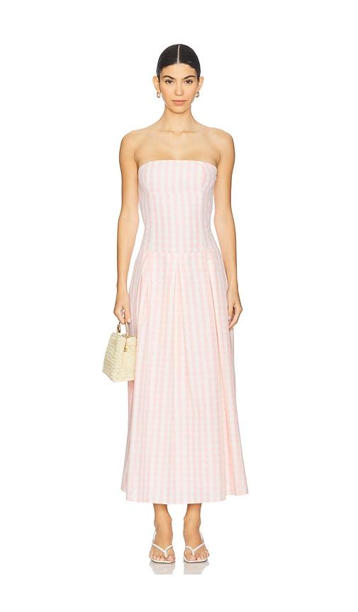 more to come adley strapless maxi dress in pink.