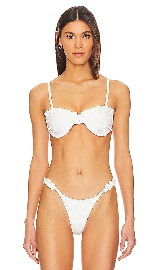 more to come amelia ruffle bikini top in white.