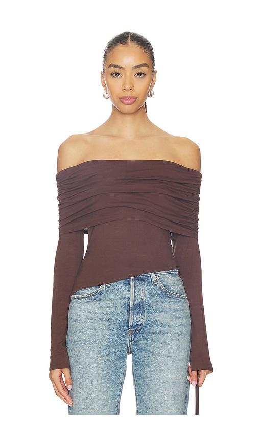 more to come andrea off shoulder top in brown.