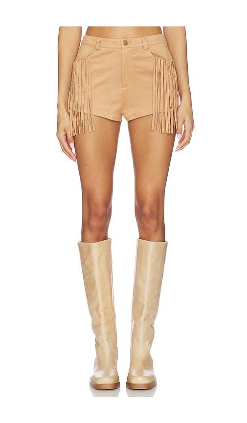 more to come autumn fringe short in tan.