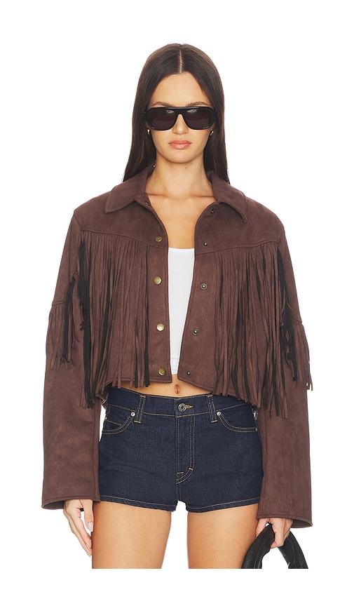 more to come baylor fringe faux suede jacket in brown.
