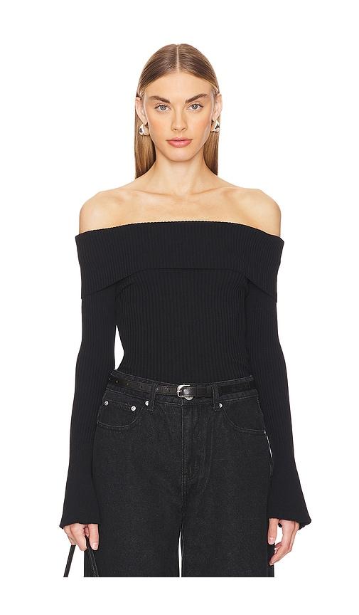 more to come candace off shoulder sweater in black.