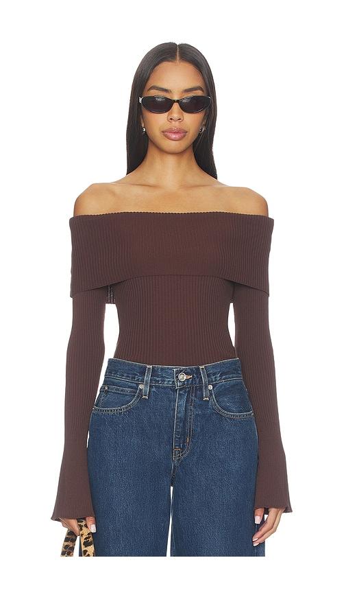 more to come candace off shoulder sweater in brown.