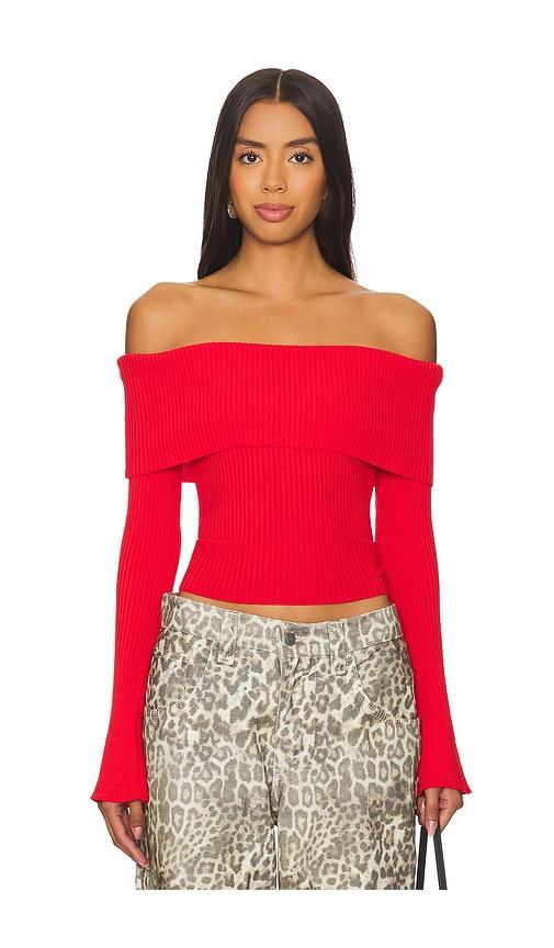 more to come candace off shoulder sweater in red.