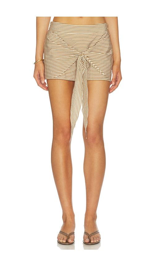 more to come dayton tie mini skort in tan,brown.
