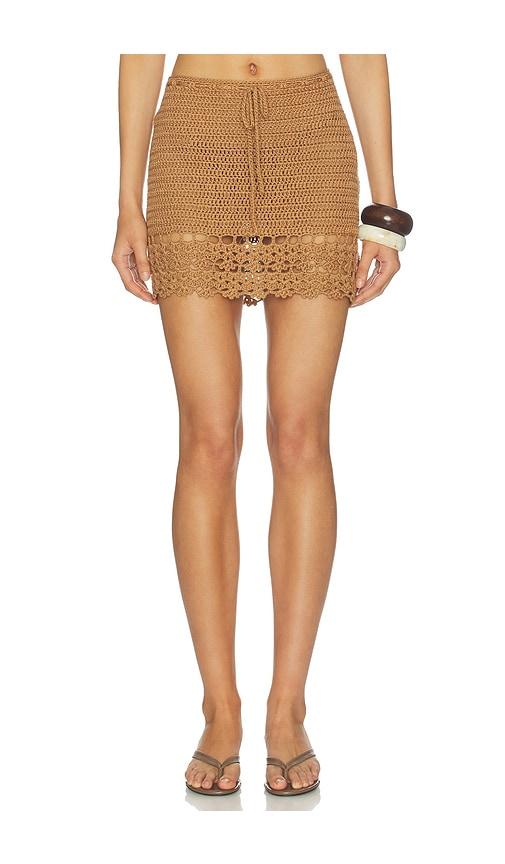 more to come elliana crochet mini skirt in tan.
