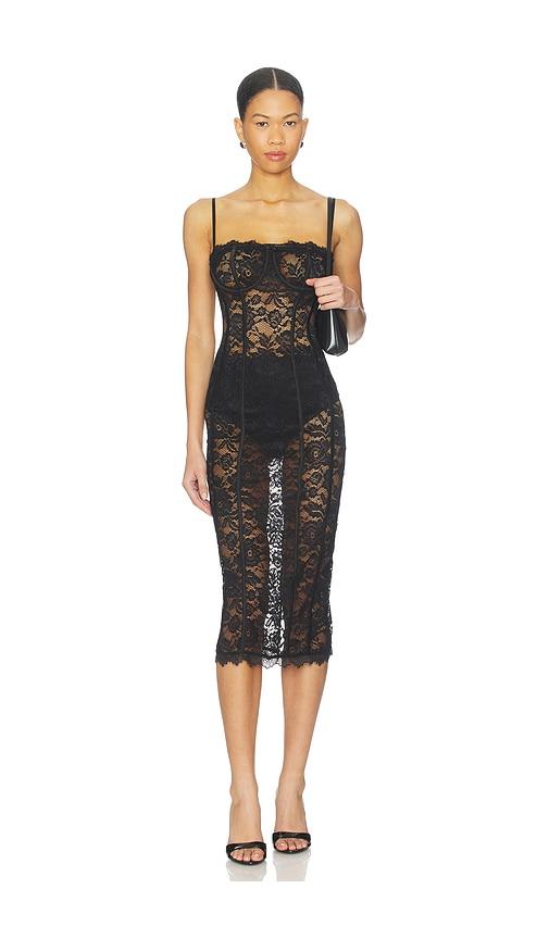 more to come esme corset midi dress in black.