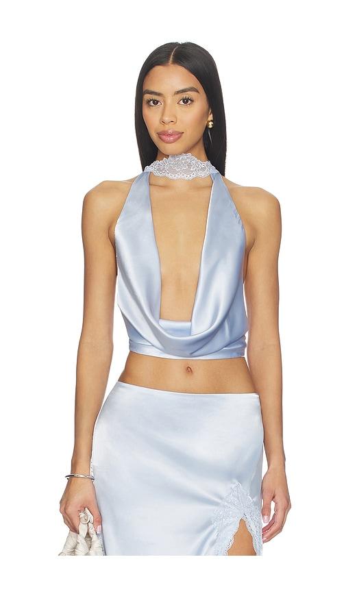 more to come flyn cowl neck top in baby blue.