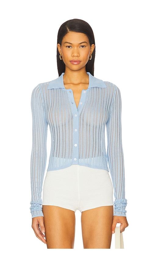 more to come fosca button up sweater in baby blue.