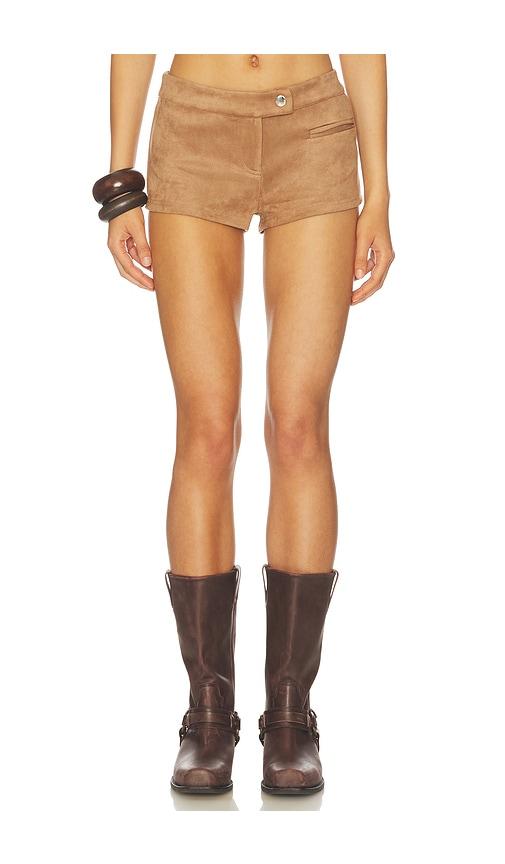 more to come graysen faux suede short in tan.